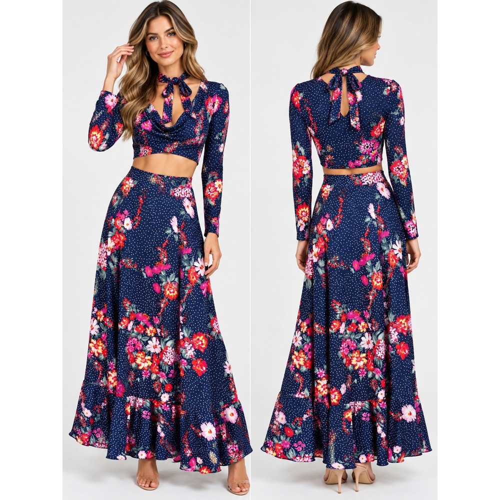 Pia Colors 2 Piece Maxi Skirt Set S Navy Floral Polka Dot Crop Top Ruffle Boho